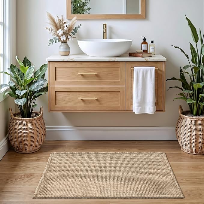 DEXI Bathroom Rugs 36x24, Non Slip Washable Bath Mat, Absorbent Chenille Bathmat, Ultra Soft Thick Carpet for Tub Shower Floor, Beige