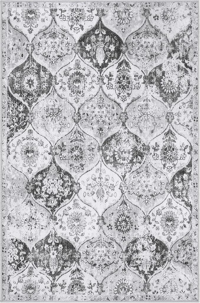 Lahome Moroccan Trellis Washable Rug, 2x3 Kitchen Rugs for Entryway Bathroom, Non-Slip Indoor Door Mat Ultra-Thin, Small Oriental Throw Carpet for Bedroom Entry Elise, Silver/Grey