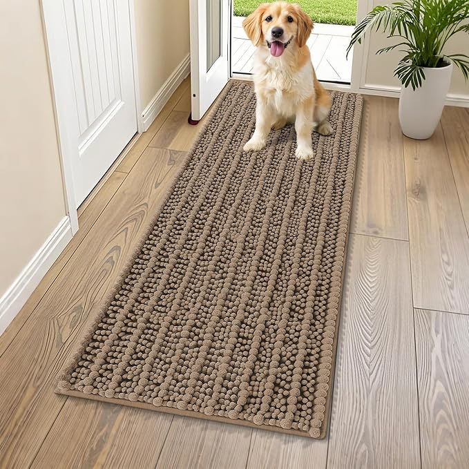 Smiry Dog Door Mat for Muddy Paws 59x20, Absorbent Dirt Trapper, Non-Slip Washable Chenille Entryway Rug for Inside Floor, Camel, Layered Pattern