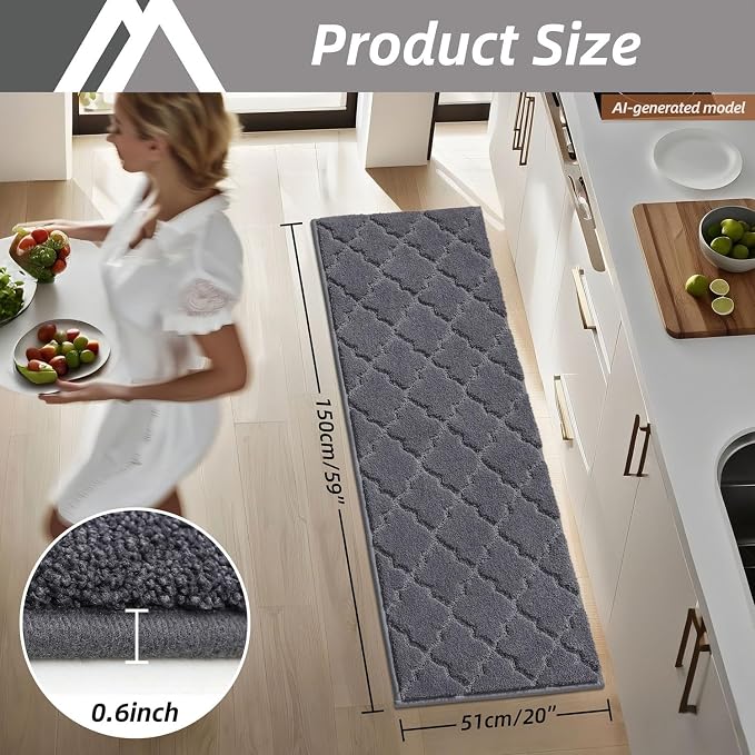 COSY HOMEER Soft Kitchen Floor Mats for in Front of Sink Super Absorbent Kitchen Rugs 20"x59" Non-Skid Standing Mat Washable,Polyester,Dark Grey