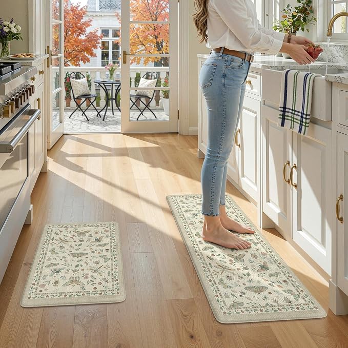 LEEVAN Anti Fatigue Mats for Kitchen Floor Non-Slip, Cushioned Kitchen Mats for Floor 2 Piece, Tan Memory Foam Kitchen Mat Set, Waterproof Ergonomic Standing Mat for Bar, Office,Desk, Laundry