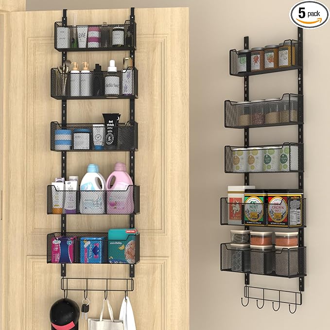 VyGrow Over The Door Organizer, Metal Door Organizer Hanging with 5 Adjustable Baskets and Coat Hook, Behind The Door Storage for Bedroom Closet Bathroom Pantry Cabinet Kitchen, Black