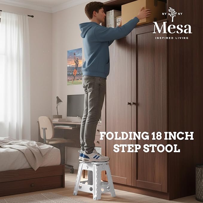 Inspired Living 18" Step Stool, Folding Step Stools for Adults, Plastic Foldable Step Stools Kids, Holds Up to 330 lbs, Collapsible Folding Stool for Kitchen, Bathroom, Bedroom (White Black, 18" High)