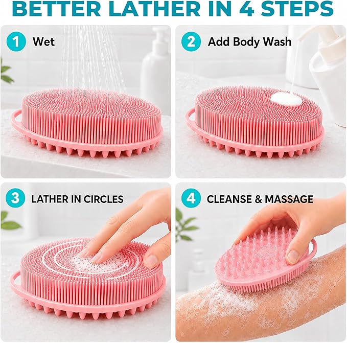 2 Pack Silicone Body Scrubber, Loofah Double-Sided Body Brush,Shower Scrubber and Scalp Massager Shampoo Brush for Sensitive Kids Women Men All Kinds of Skin (Pink & Blue)