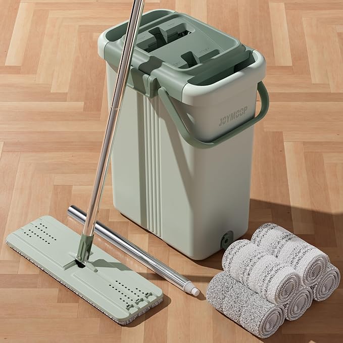 JOYMOOP Mop and Bucket Set – Commercial and Household Floor & Wall Cleaner with Long Handle, Includes 5 Microfiber Mop Pads for Easy Use
