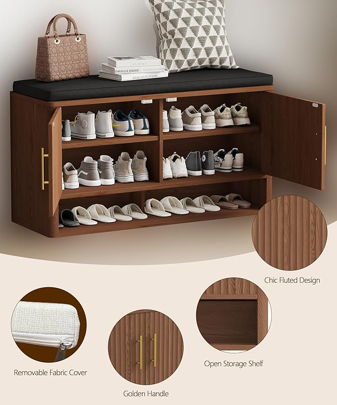 Fluted Shoe Storage Bench with Cushion, Entryway Bench with Adjustable Shelves and Open Bottom Shelf, 3-Tier Hidden Shoe Cabinet Storage for Entryway, Hallway, Living Room, Bedroom, Walnut