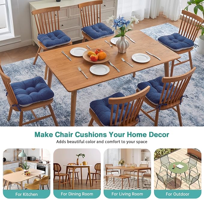 BETU Chair Cushions for Dining Chairs Set of 6,3.5" Thick Outdoor Indoor Chair Pads with Ties,Non Slip Backing and Covers, Seat Cushion for Kitchen Dining,Bar,Patio Furniture15.5"X15.5"X3.5",Navy Blue