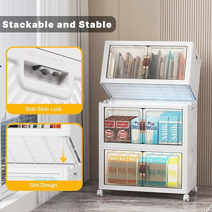 UAMFURI Stackable Storage Bins with Lids, 312QT Closet Organizers and Storage with Doors and Wheels, Extra Large Storage Cabinet, Collapsible Plastic Drawers for Bedroom Dorm Office Garage