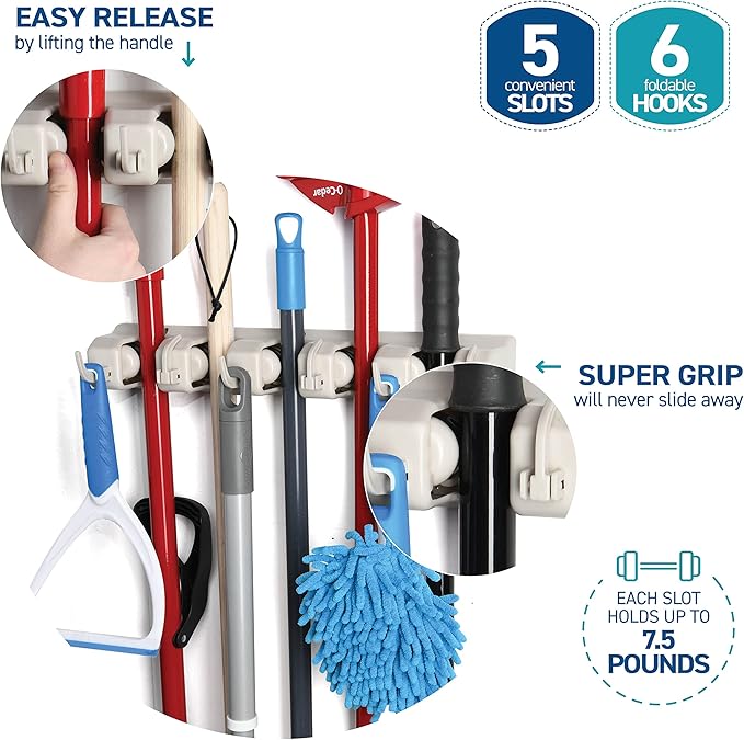 HOME IT Broom and Mop Holder Wall Mount – Heavy Duty Garage Organizer with 5 Slots & 6 Hooks, 7.5lbs Capacity Per Slot - Easy Install Storage Rack for Home, Kitchen, Laundry Room & Garden - Off-White