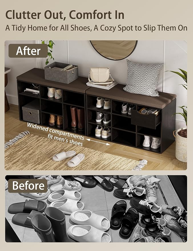 DINZI LVJ Shoe Bench, 9 Cubbies Shoe Organizer for Entryway, Storage Bench with Cushion, Cubby Shoe Rack with Adjustable Shelves for Living Room, Bedroom, Mudroom, Hallway, Espresso