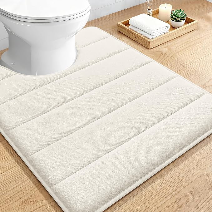 OLANLY Memory Foam Toilet Rugs U Shaped 24x20, Super Soft Absorbent Contour Bath Rugs, Quick Dry, Machine Washable Toilet Mat, Bathmat Floor Carpet, Bathroom Home Decor Accessories, Ivory