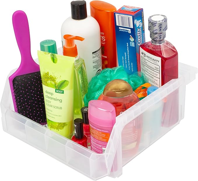 ReadySpace Plastic Containers for Organizing and Storage Bins for Drawers, Desks, Office Organization, and Garage, Stackable Bins, Medium-Wide (5" x 11" x 11"), 4-Pack, Clear