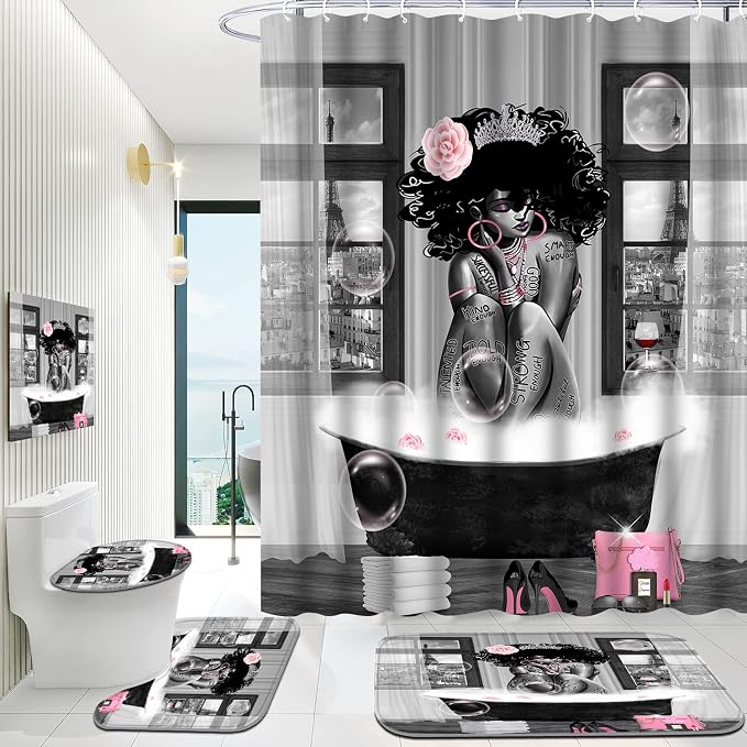 4Pcs African American Shower Curtain Sets with Rugs, Black Girl Shower Curtain for Bathroom Decor Sets with Paris Eiffel Tower Art Pattern, Grey Waterproof juego de baño, with 12 PCS Hooks