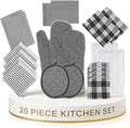 LANE LINEN Kitchen Towels Set 20 Pack - Ultra Soft Cotton Kitchen Hand Towels, Highly Absorbent Dish Cloths, Durable Scrubbers, Flour Sack Tea Towels, Heat Resistant Oven Mitts & Pot Holders - Black