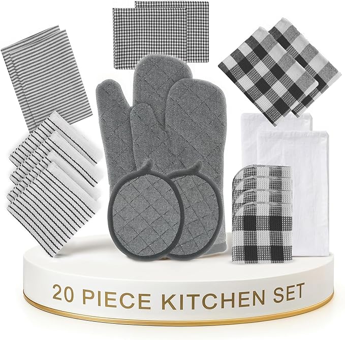 LANE LINEN Kitchen Towels Set 20 Pack - Ultra Soft Cotton Kitchen Hand Towels, Highly Absorbent Dish Cloths, Durable Scrubbers, Flour Sack Tea Towels, Heat Resistant Oven Mitts & Pot Holders - Black