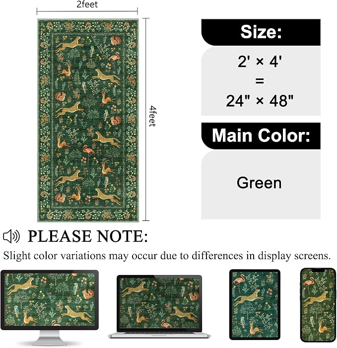 DUKINO 2x4 Rug for Hallway, Washable Kitchen Runner Rug with Non Slip Backing, Soft Low Pile Vintage Animal Runner for Bedroom, Kitchen, Hallway, Entryway, Laundry, Green