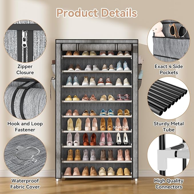 LANTEFUL Shoe Rack with Covers 10 Tier Tall Shoe Rack Organizer Large Capacity Shoe Shelf Storage 40 Pairs Space Saving Free Standing Shoe Storage Organizer for Closet, Entryway, Dorm, Printing