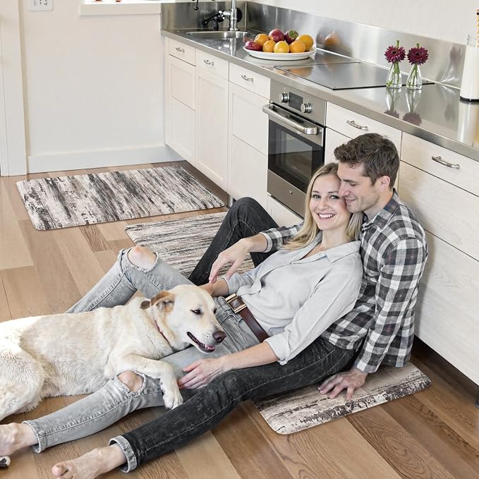 KIMODE Anti Fatigue Kitchen Mats for Floor 2 Piece, 17"x47"+17"x29" Farmhouse Plaid Kitchen Rugs Non Slip, Waterproof Kitchen Floor Mats for Kitchen Floor Sink Laundry Desk Decor Black Grey