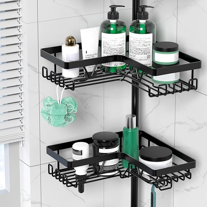 DAOYA Corner Shower Caddy Tension Pole - 4 Tier Stainless Steel Rustproof Shower Corner Caddy for Bathtub Bathroom Shower Organizer Shelves Adjustable Pole 25-114.2 Inch Black