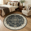 RELEANY Area Rugs Round 4ft Washable Non-Slip, Floral Vintage Distress Medallion Carpet for Living Room Bedroom Dining Room, Vintage Black Brown Neutral