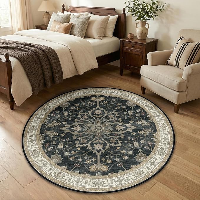 RELEANY Area Rugs Round 4ft Washable Non-Slip, Floral Vintage Distress Medallion Carpet for Living Room Bedroom Dining Room, Vintage Black Brown Neutral