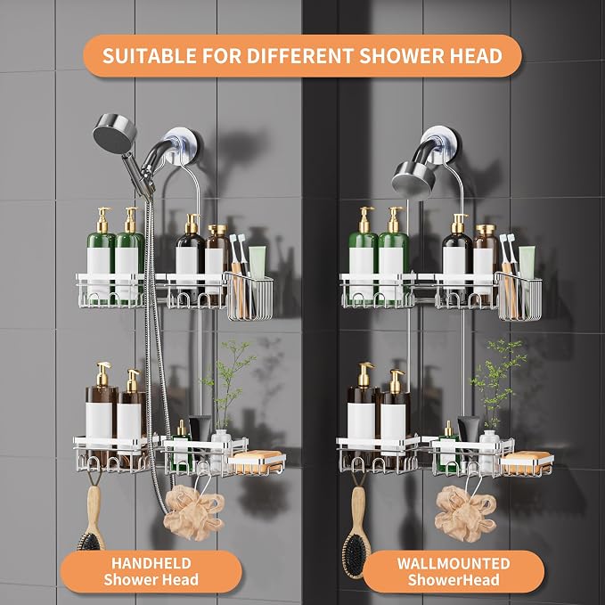 DAOYA Shower Caddy Hanging - Over Shower Head Caddy, 0.82 inch Universal with 2 Shelves, Soap Holder, Toothbrush Holder & Reusable Suction Hook, Complete Silver Bath Organizer Set