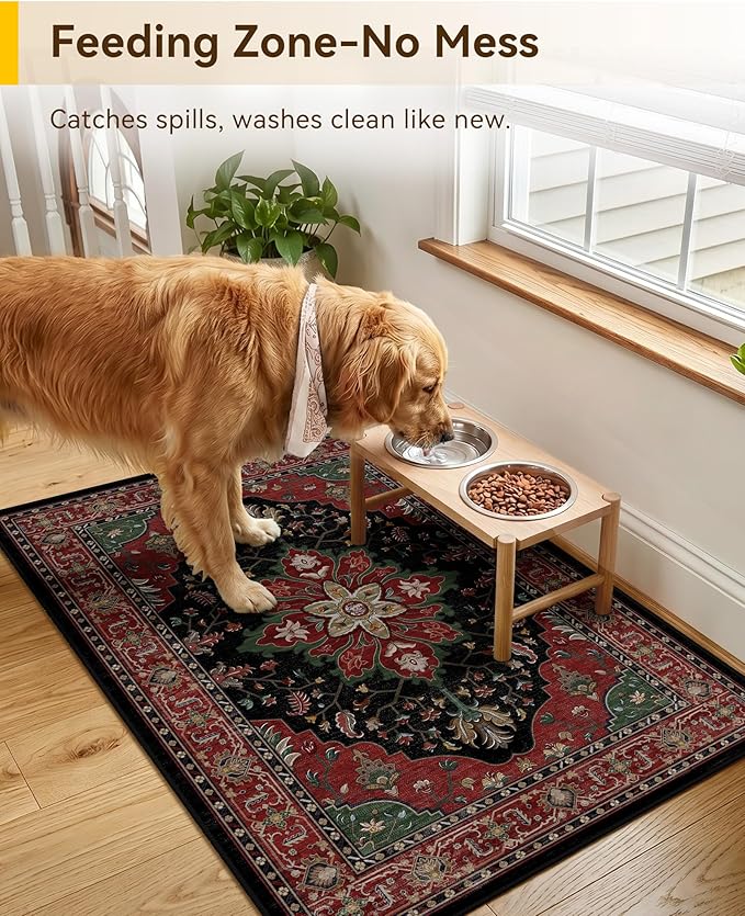 RELEANY Area Rugs Small 2'x3' Washable Non-Slip, Floral Vintage Distress Medallion Carpet for Kitchen Entryway Bathroom, Red Black