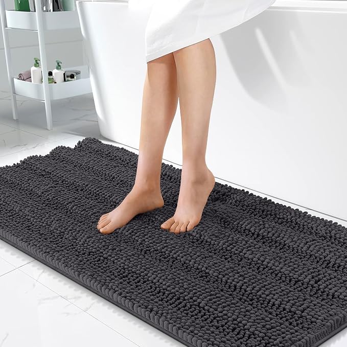OLANLY Thick Bathroom Runner Rugs 47x24, Extra Absorbent Chenille Striped Bath Rugs, Rubber Backing, Machine Wash Dry, Long Bath Mats for Bathroom, Tub and Shower, Home Decor Accessories, Dark Grey