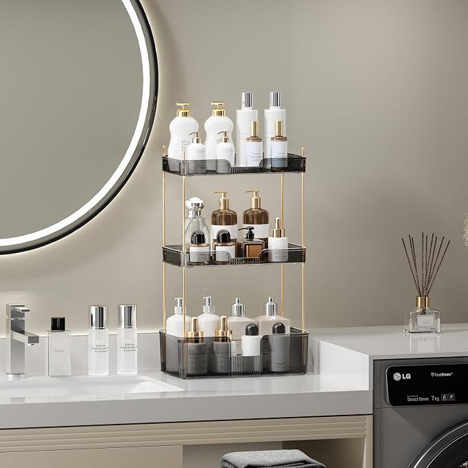 Akinbas 3 Tier Bathroom Organizer Countertop Makeup Perfume Tray Skincare Organizer for Bathroom Dresser Vanity (Grey)