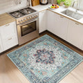RELEANY Area Rugs Square 4ft Washable Non-Slip, Floral Vintage Distress Medallion Carpet for Living Room Bedroom Dining Room, Green Navy Blue White Red Teal
