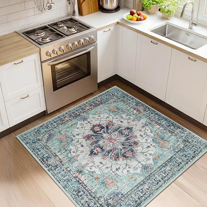 RELEANY Area Rugs Square 4ft Washable Non-Slip, Floral Vintage Distress Medallion Carpet for Living Room Bedroom Dining Room, Green Navy Blue White Red Teal