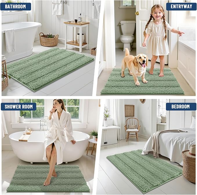 Grandaily Chenille Striped Bathroom Rugs 59x35, Extra Thick and Soft Absorbent Bath Mats, Rubber Backing, Plush Shaggy Shower Carpet, Machine Wash Dry, Bath Rug for Bathroom, Grayish Green