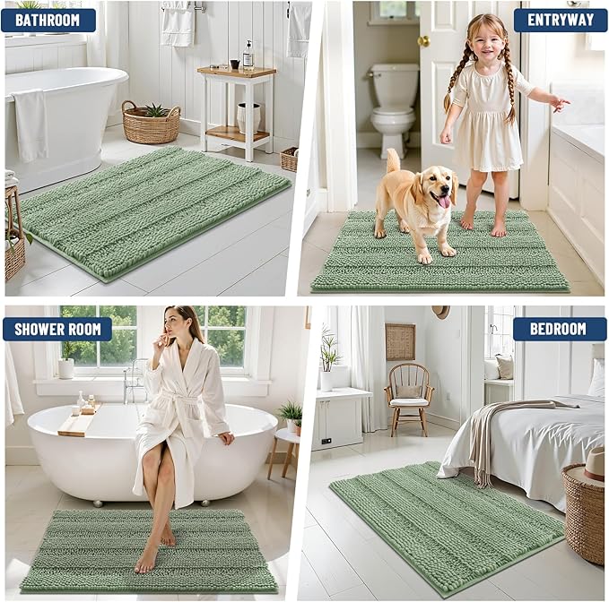 Grandaily Chenille Striped Bathroom Rugs 44x32, Extra Thick and Soft Absorbent Bath Mats, Rubber Backing, Plush Shaggy Shower Carpet, Machine Wash Dry, Bath Rug for Bathroom, Grayish Green