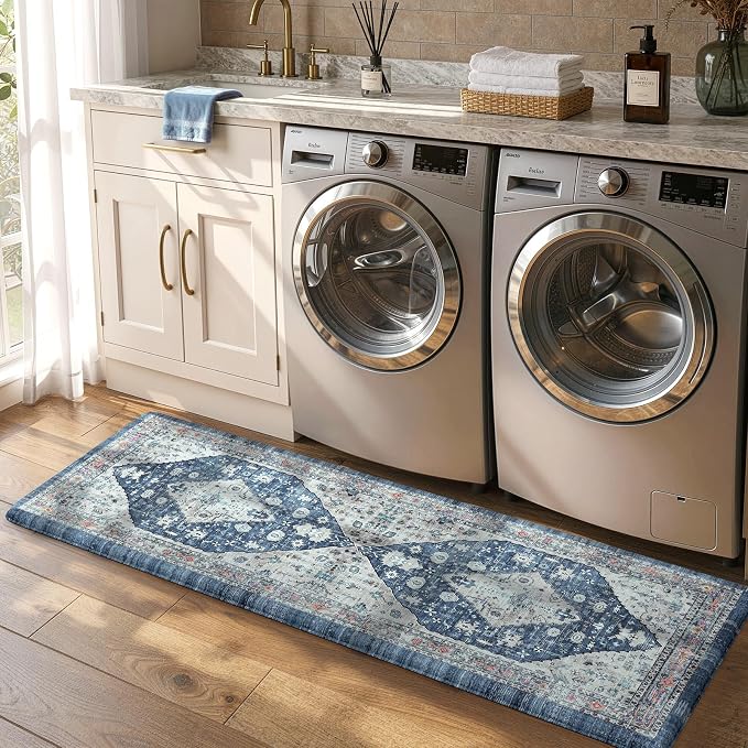 Collive Boho Kitchen Floor Mats, Cushioned Anti Fatigue Kitchen Runner Rugs, Comfort Non Slip Standing Mats for Floor, Laundry, Office, Sink, 17.3''x59'' Dark Blue