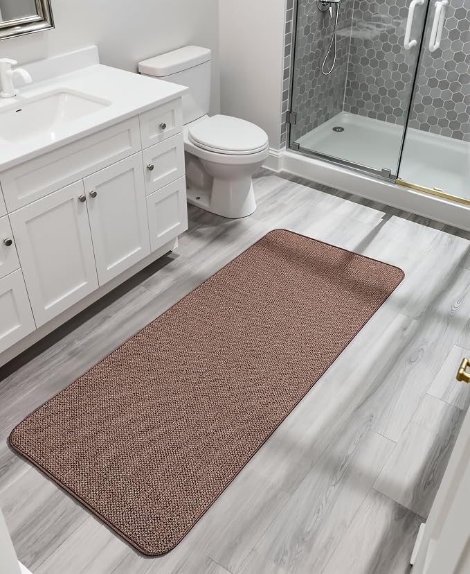Bath Mat,Ultra Thin Bathroom Runner Rugs,Large Bath Mats for Bathroom,Quick Dry,Non-Slip,Machine Washable,Low Pile,Bath Rug,Shower Outside,Sink,Home Decor Accessories.Brown,1'9"x3'11"（21x47inch）