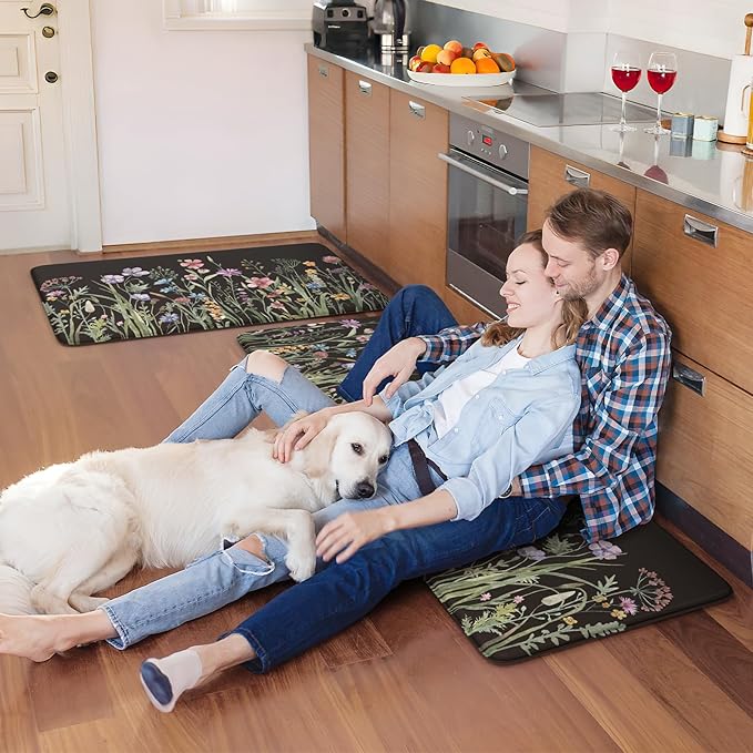 KIMODE Anti Fatigue Kitchen Mats for Floor 2 Piece, Cushioned Farmhouse Kitchen Rugs, Non Slip Kitchen Floor Mats, Comfort Foam Standing Desk Mats for Laundry Office Sink Black 20"x47"+20"x32"