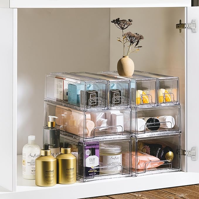 Sorbus Large Clear Stackable Storage Drawers – 4-Pack Plastic Organizer Bins with Handles – Stackable Pull-Out Storage Drawers for Closet, Pantry, Office, Bathroom, Craft, and Toy Organization