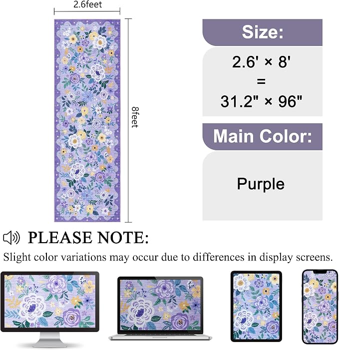 DUKINO Runner Rug, 2.6x8 Kitchen Rug for Hallway with Non Slip Backing, Washable Low Pile Soft Boho Floral Runner Carpet for Hallway, Kitchen, Entryway, Laundry, Bedroom, Purple