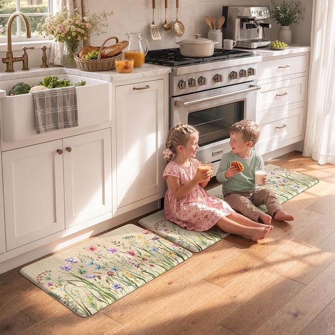 KIMODE Anti Fatigue Kitchen Mat, 17"x47"+17"x29" Floral Kitchen Rugs Sets of 2, Farmhouse Kitchen Floor Mats Non-Slip Cushioned, Comfort Standing Desk Mat for Sink, Laundry,Home Brown