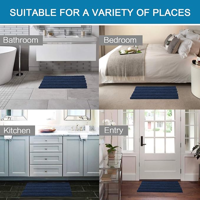 H.VERSAILTEX Navy Blue Bathroom Rugs 2 Piece, Bath Mat Set Slip-Resistant Extra Absorbent Soft and Fluffy Striped Chenille Bath Rugs, Floor Mats Dry Fast Machine Washable (20" x 32"/17" x 24")