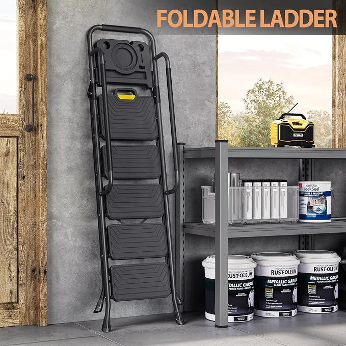 TOOLF Step Ladder, Sturdy Steel Step Stool with Anti-Slip Wide Pedals, Handrail, Safe-Lock Design, Folding Portable Ladder for Multi-Purpose, Home, Kitchen (5 Step Ladder)