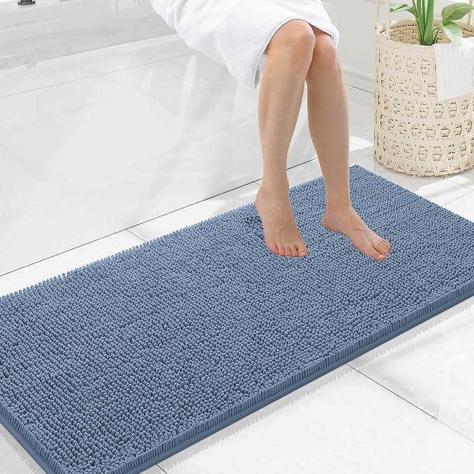 Smiry Luxury Chenille Bathroom Rugs 47x20, Extra Soft and Absorbent Shaggy Bath Mat, Machine Washable, Non-Slip Plush Carpet Runner for Tub, Shower, and Floor, Home Decor Accessories, Grayish Blue