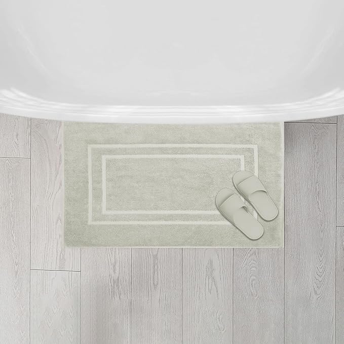 Feather & Stitch 2 Piece Towel Like Bath Mats (30x21 Inch) 100% Cotton Terry Bath Mats, Bathroom Shower Floor Mats [NOT A Bathroom Rug], Soft Absorbent Washable Mats - Silver Birch