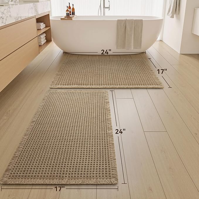 Upgraded Waffle Bath Mats Set of 2, Super Absorbent Non Slip Bath Mats for Bathroom Floor, Washable Boho Bathroom Rugs Set 2 Piece with Tassels, Soft Bathroom Mat Set, 17" x 24" (2 Pack), Brown