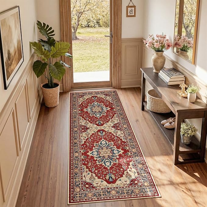 RELEANY Area Rugs Runner 2'x6' Washable Non-Slip, Floral Vintage Distress Medallion Carpet for Kitchen Hallway Bedroom Beside Laundry Room Bathroom, Red Blue