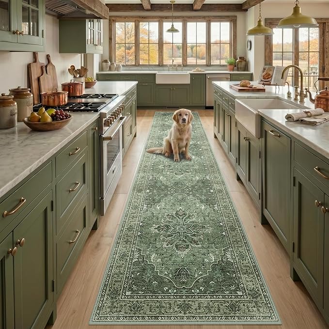 RELEANY Area Rugs Runner 2'6"x10' Washable Non-Slip, Floral Vintage Distress Medallion Carpet for Kitchen Hallway Bedroom Beside Laundry Room Bathroom, Dark Green Gray