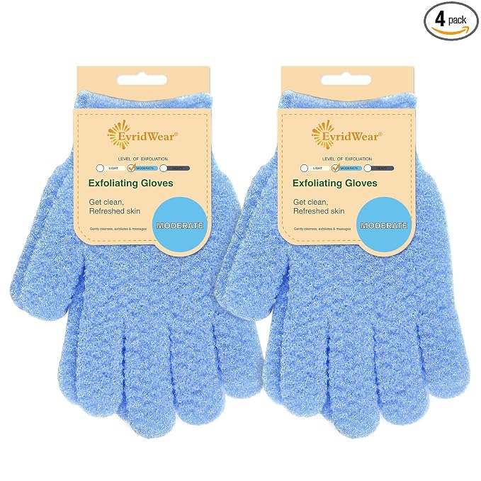 Evridwear Exfoliating Dual Texture Bath Gloves for Shower, Spa, Massage and Body Scrubs, Dead Skin Cell Remover, Gloves with Hanging Loop (2 Pairs Moderate)