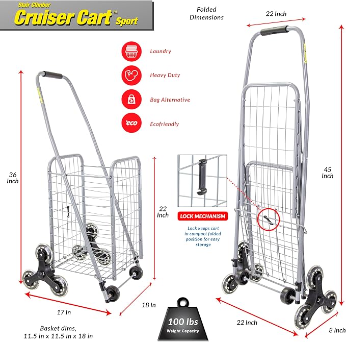 dbest Products Stair Climber Cruiser Cart Sport, Foldable Grocery Cart on Wheels,Multi-Use Collapsible Folding Laundry Basket with Wheels