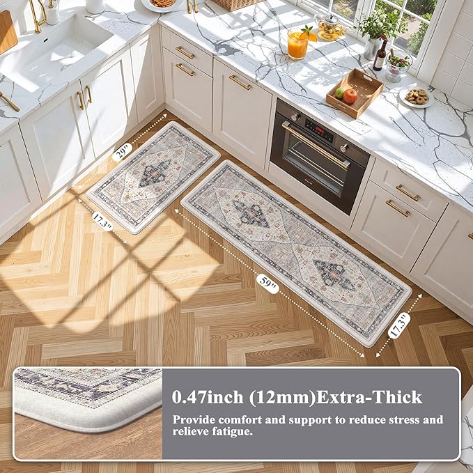 Collive Farmhouse Anti Fatigue Kitchen Mat, Cushioned Kitchen Rug Sets of 2 Waterproof Non Slip Kitchen Floor Mats Ergonomic Comfort Standing Mat for Laundry, Office, Sink, Desk, Blue/Multi
