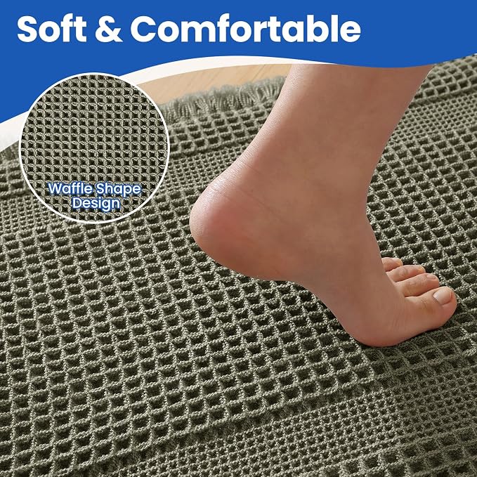 Waffle Bath Mat - Non Slip Bathroom Rugs - Washable Super Absorbent & Quick Dry Bath Mats with Tassels for Hallway Bedroom Laundry Room,24" x 72",Olive Green